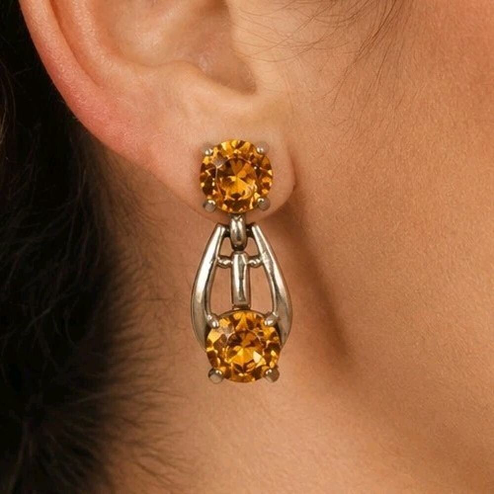 Vintage Kramer New York Citrine Color Rhinestone Doorknocker Dangle Clip Earring